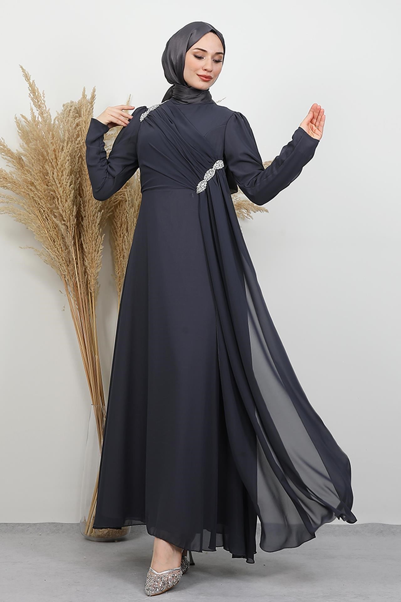 Gülnihal Şifon Abiye Koyu Gri