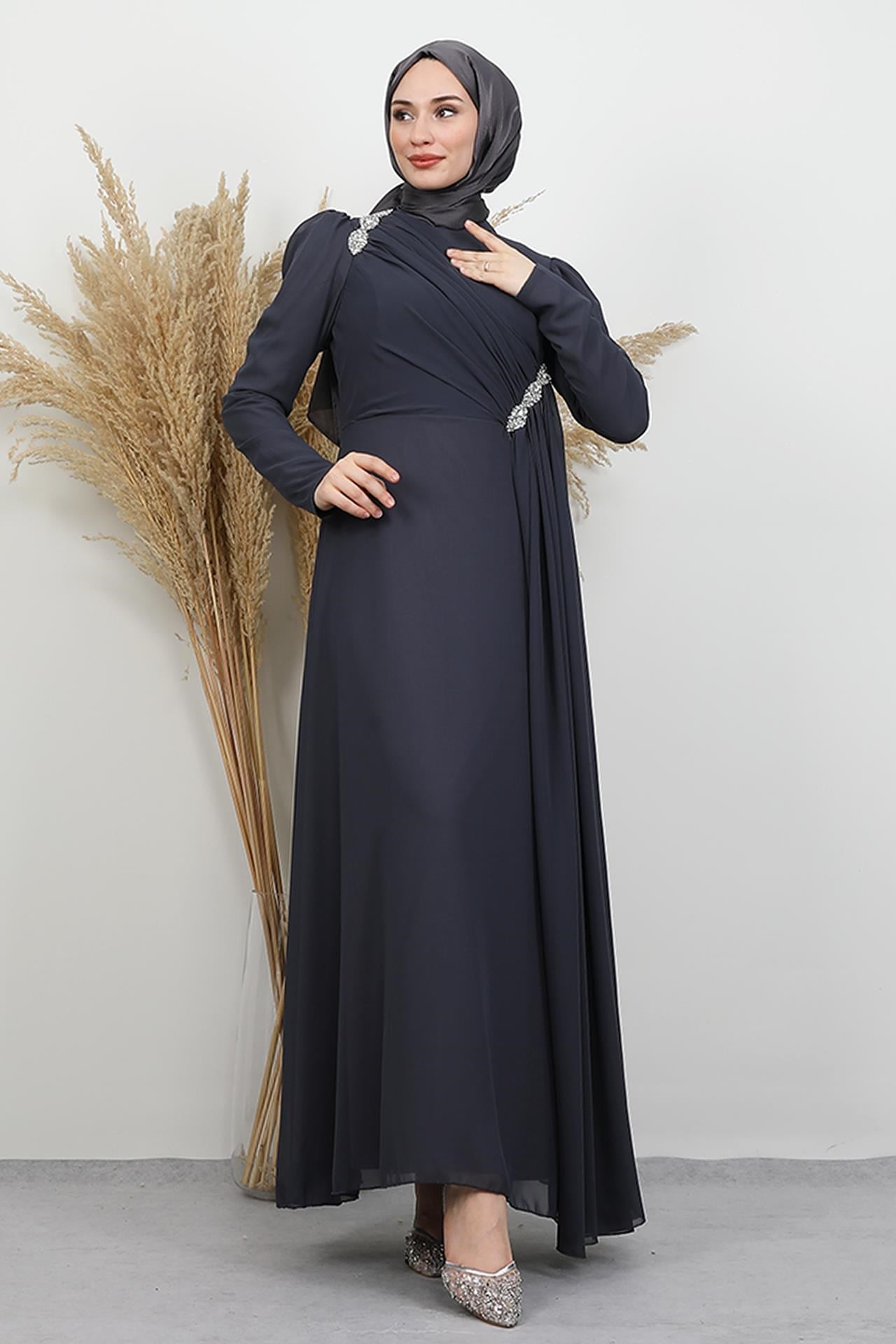 Gülnihal Şifon Abiye Koyu Gri