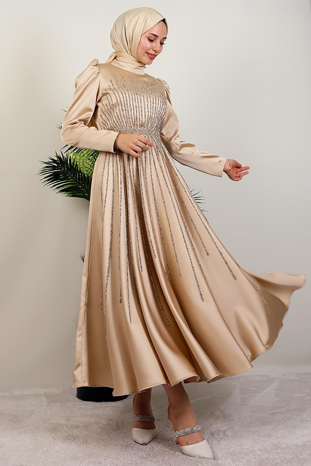 Güneş Tesettür Abiye Krem