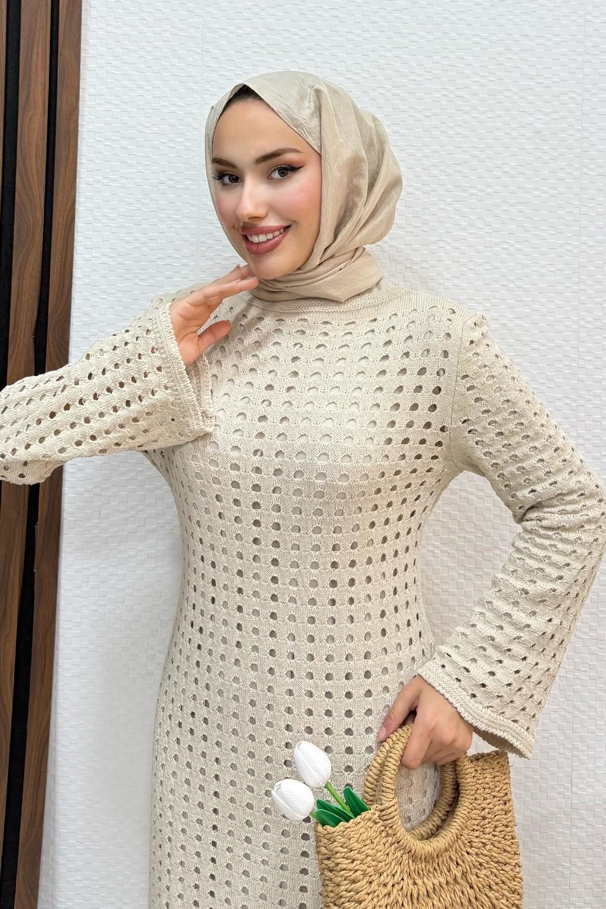 Hasır Örgülü Elbise Bej