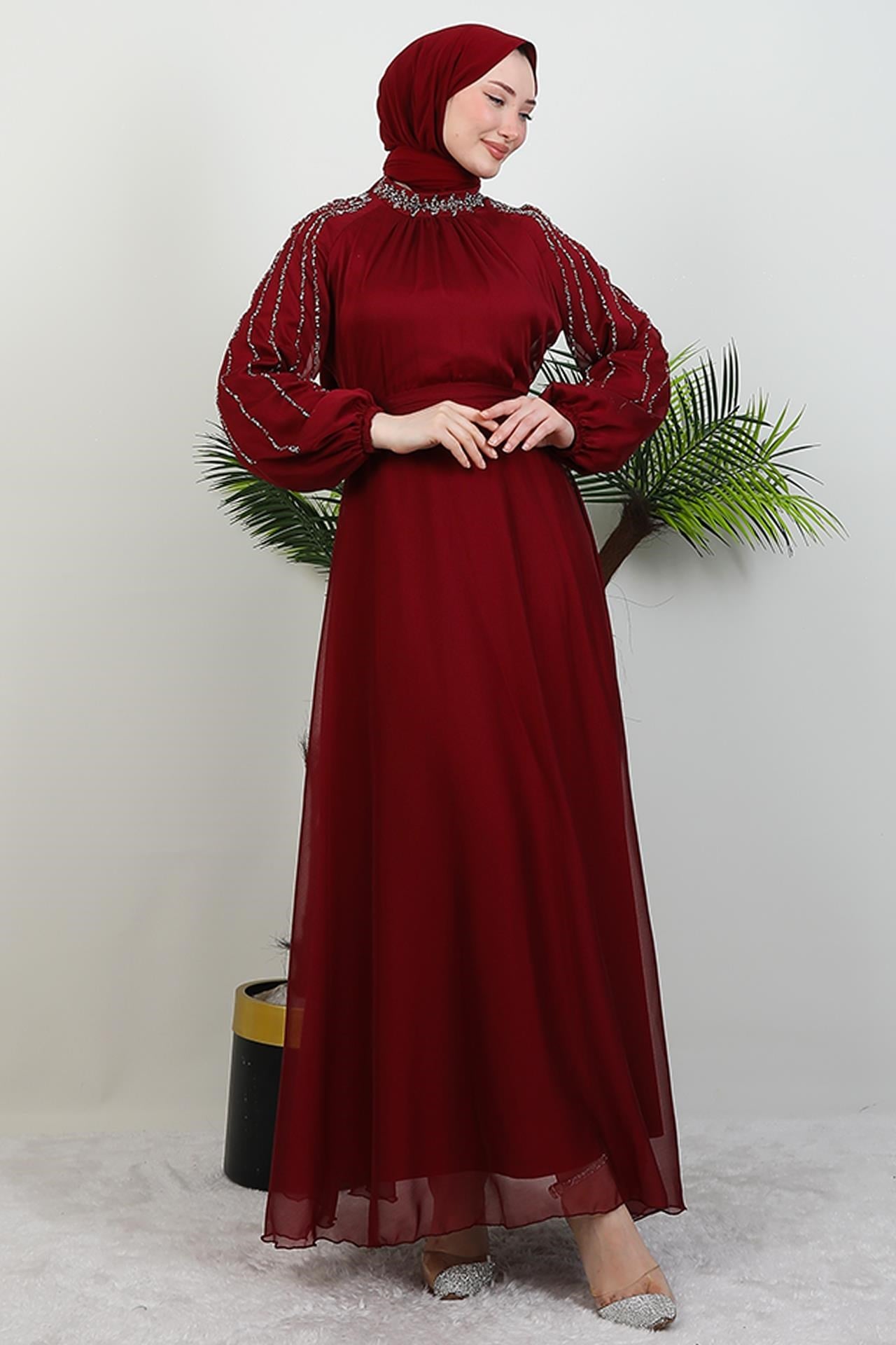 Helen Taşlı Janjan Elbise Bordo