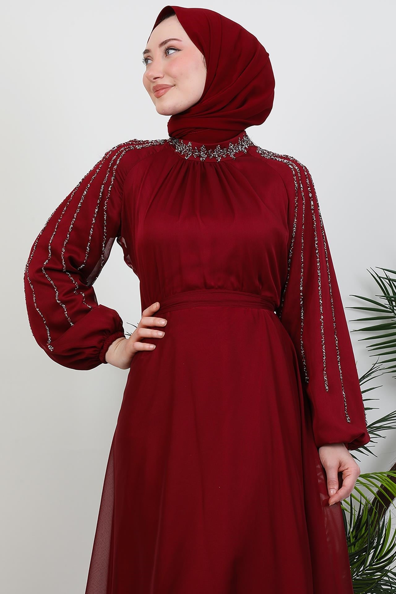 Helen Taşlı Janjan Elbise Bordo