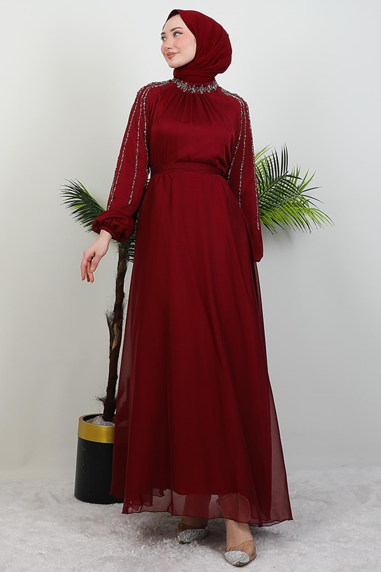 Helen Taşlı Janjan Elbise Bordo