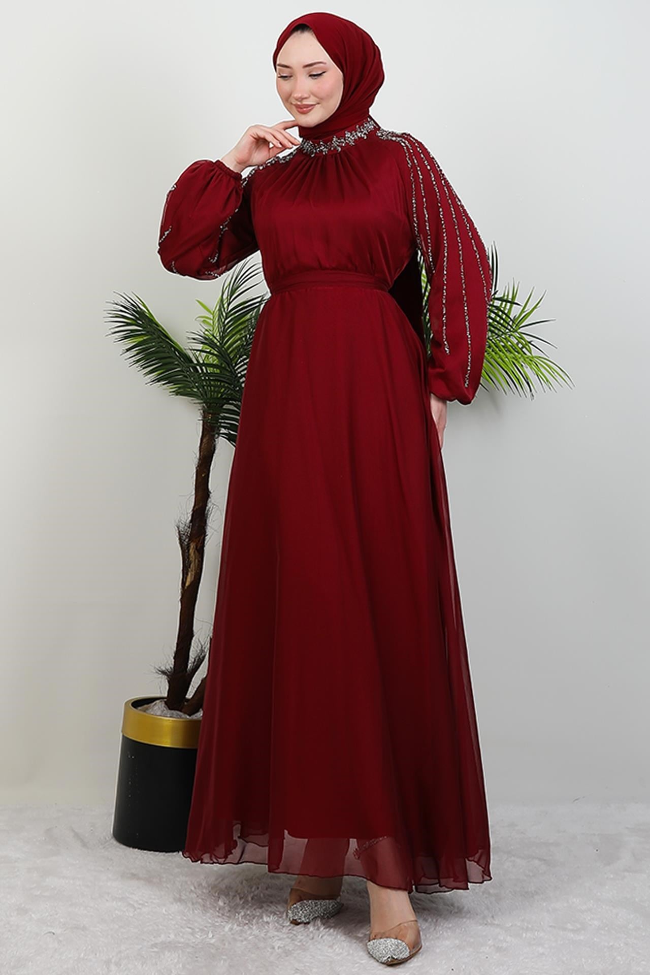 Helen Taşlı Janjan Elbise Bordo