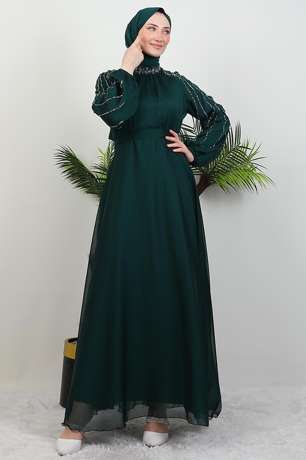 Helen Taşlı Janjan Elbise Zümrüt