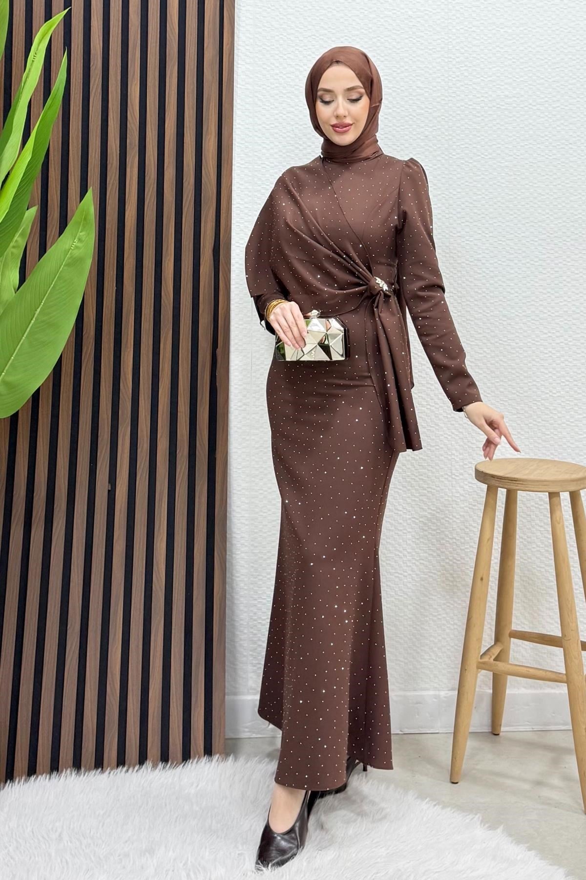 Hery Taşlı Abiye Kahve