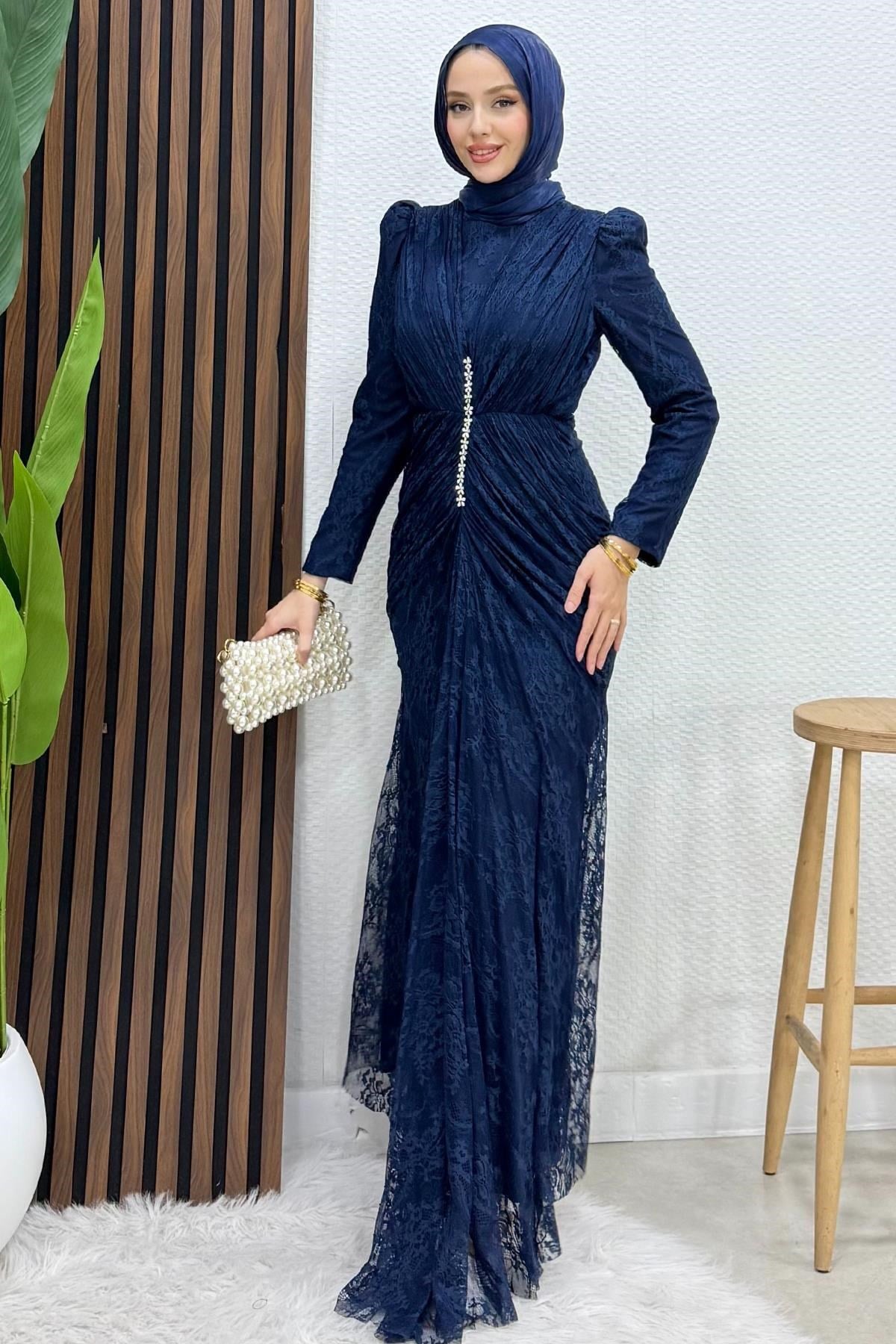 Hilda Dantel Abiye Lacivert