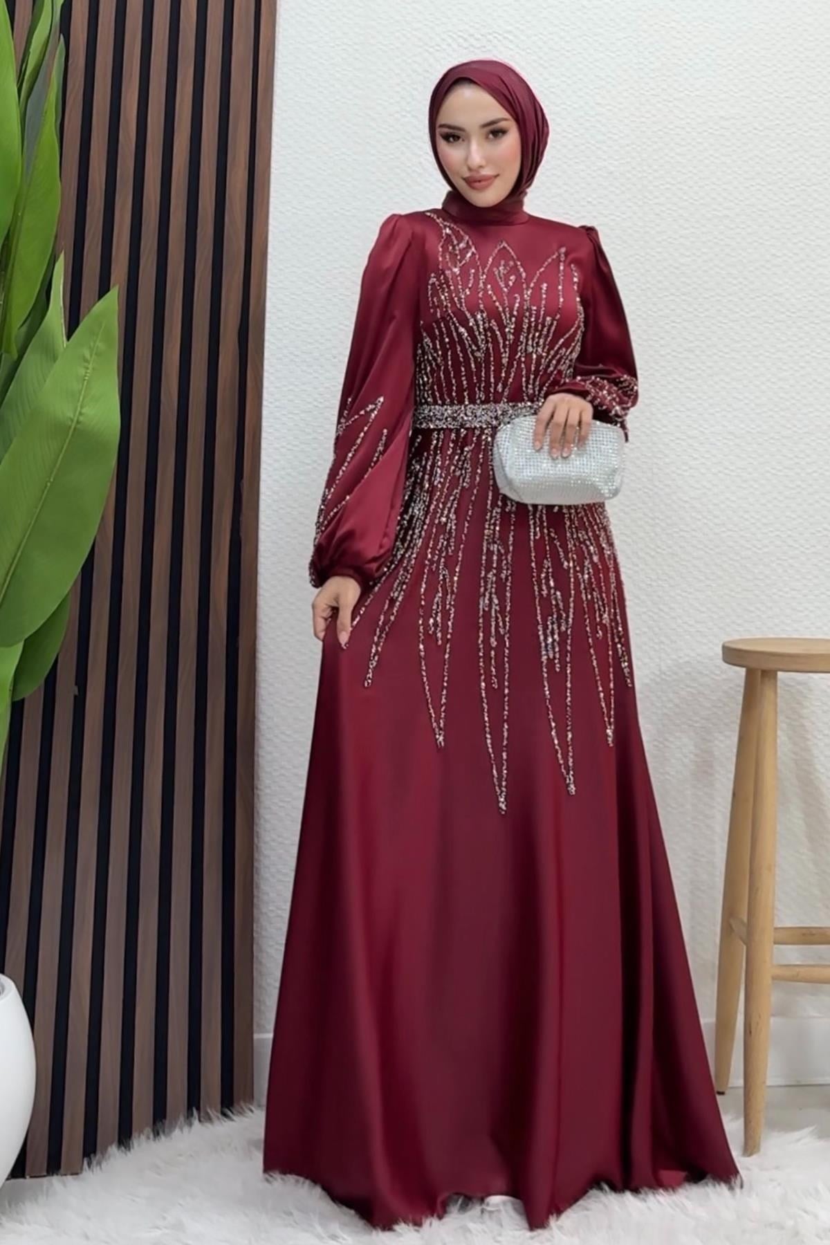 İkbal Taşlı Saten Abiye Bordo