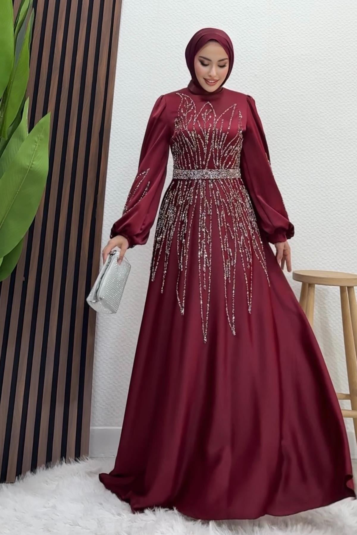 İkbal Taşlı Saten Abiye Bordo