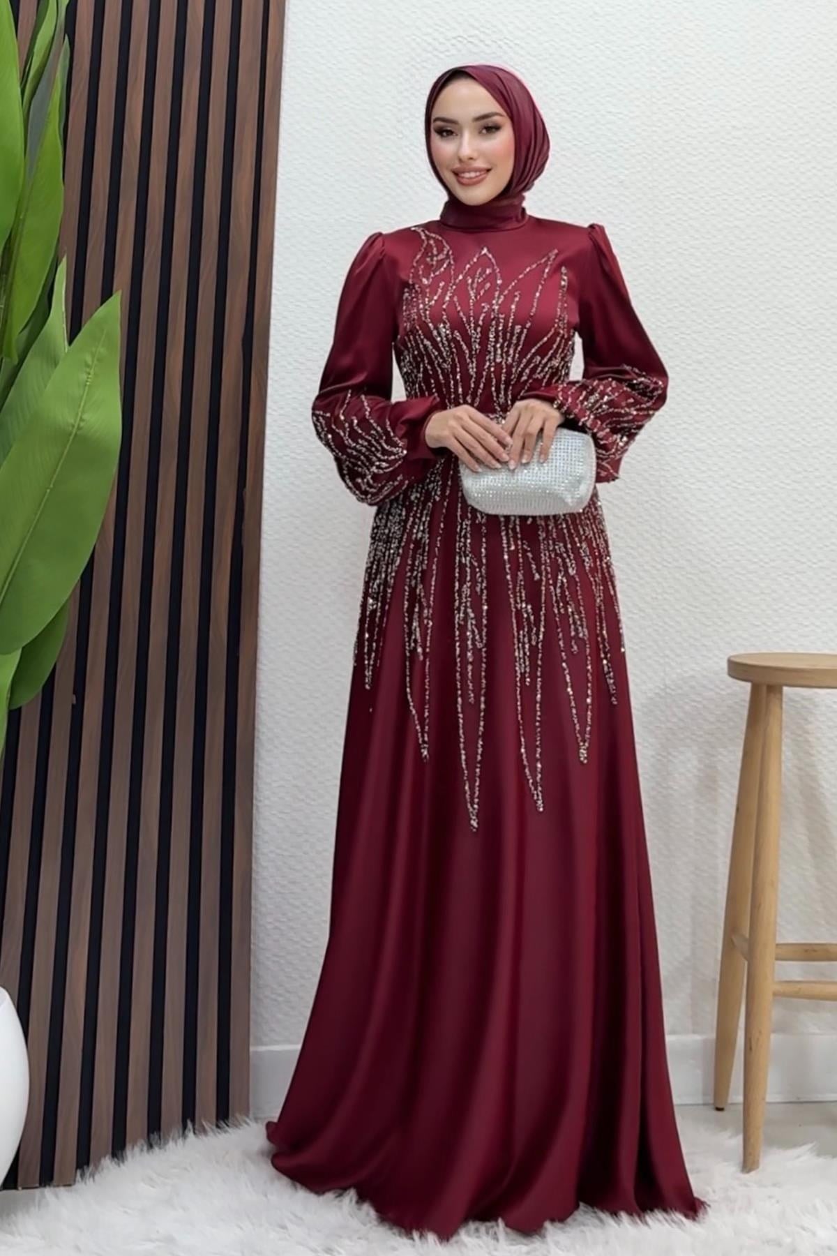 İkbal Taşlı Saten Abiye Bordo