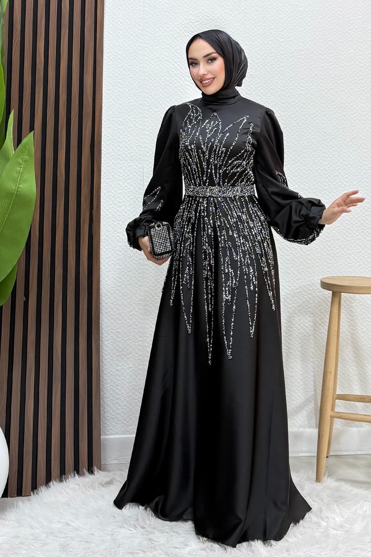 İkbal Taşlı Saten Abiye Siyah