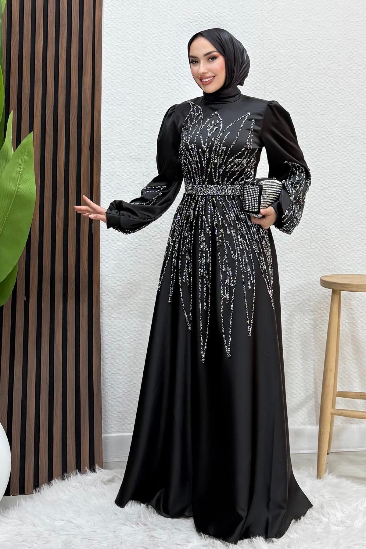 İkbal Taşlı Saten Abiye Siyah