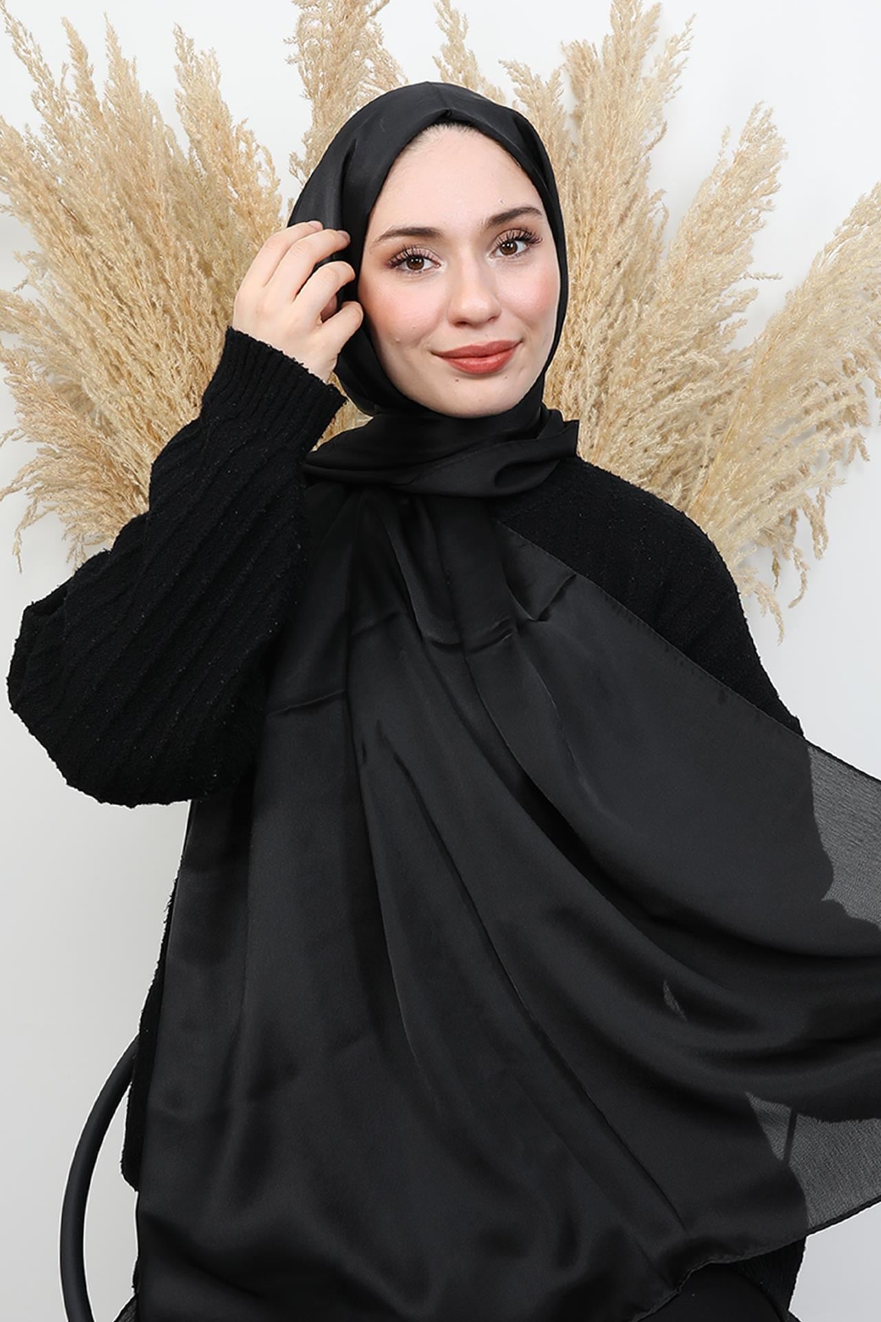 İnci Saten Şal Siyah