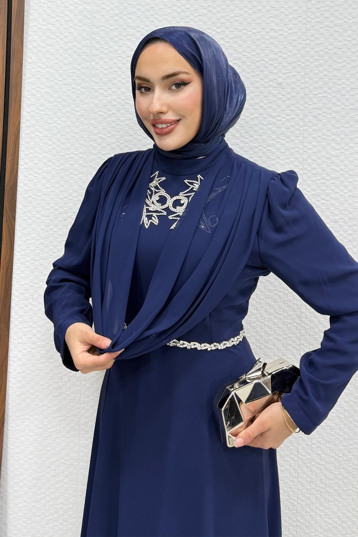 İncigül Şifon Abiye Lacivert