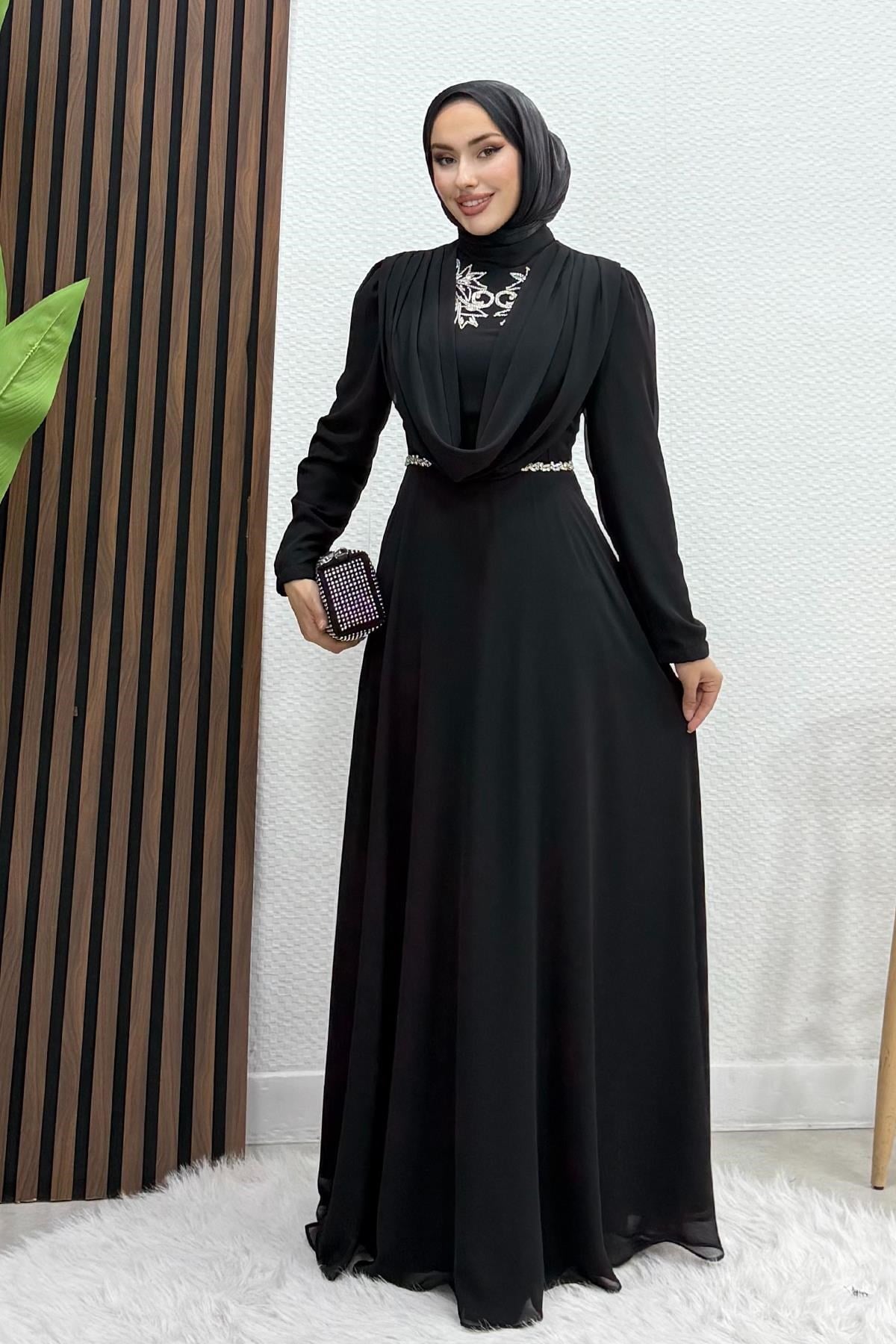 İncigül Şifon Abiye Siyah