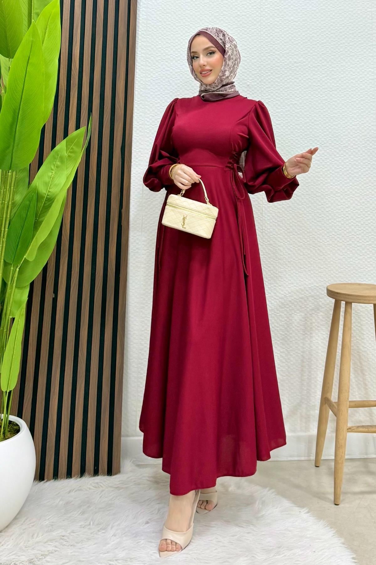 İp Kuşaklı Elbise Bordo
