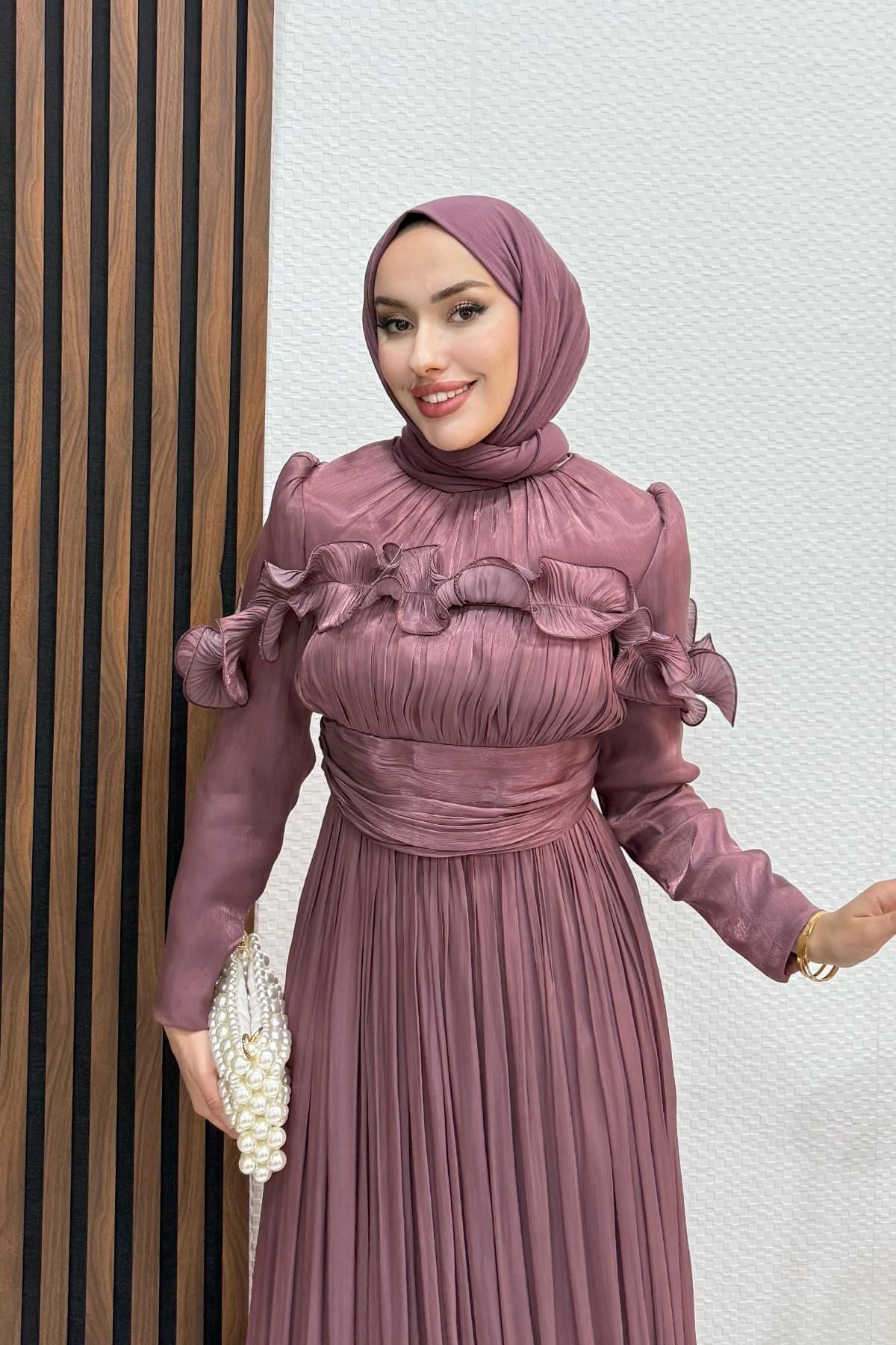 Kabartma Detay Yoryo Abiye Koyu Gül Kurusu