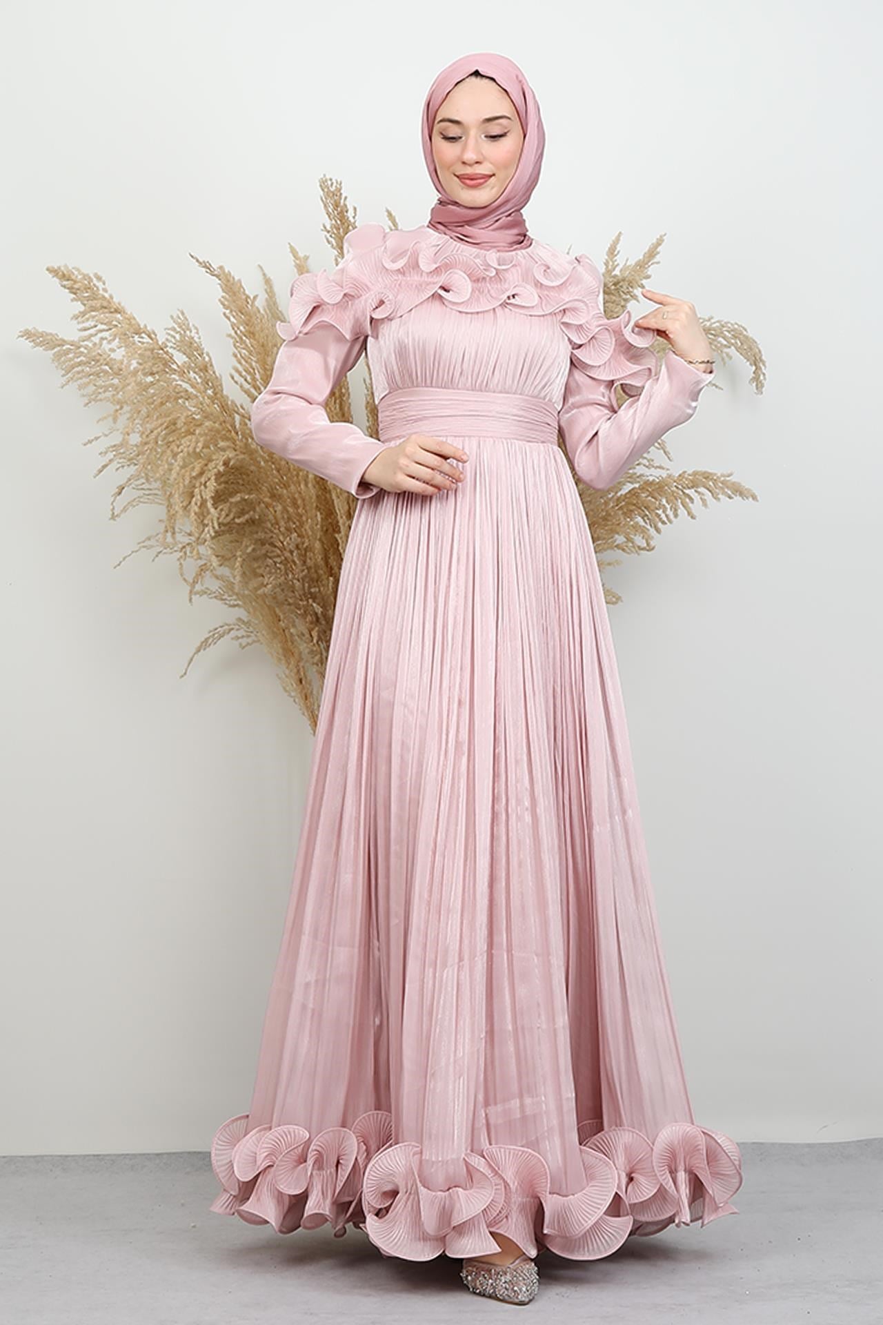 Kabartma Detay Yoryo Abiye Soft Pembe