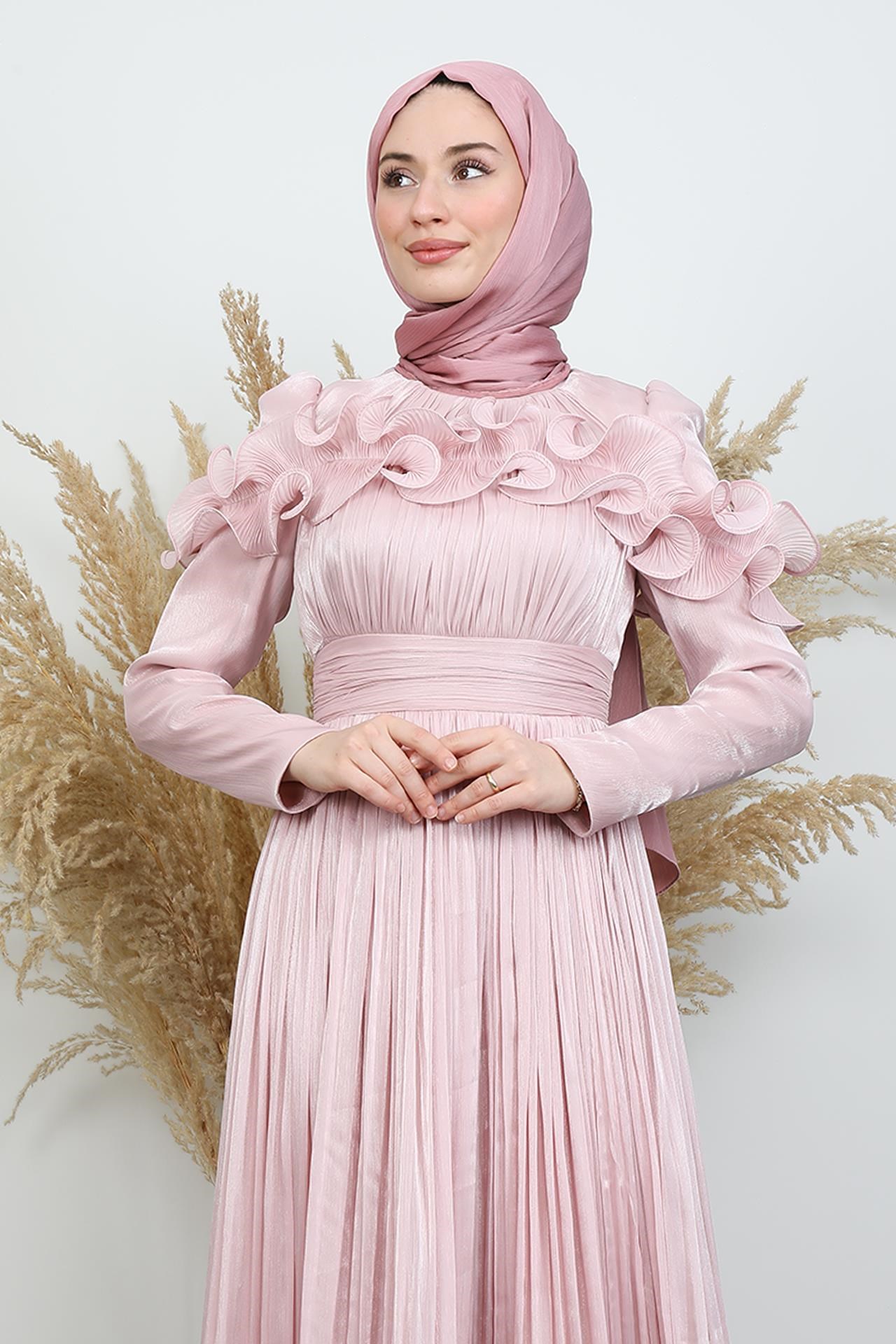 Kabartma Detay Yoryo Abiye Soft Pembe