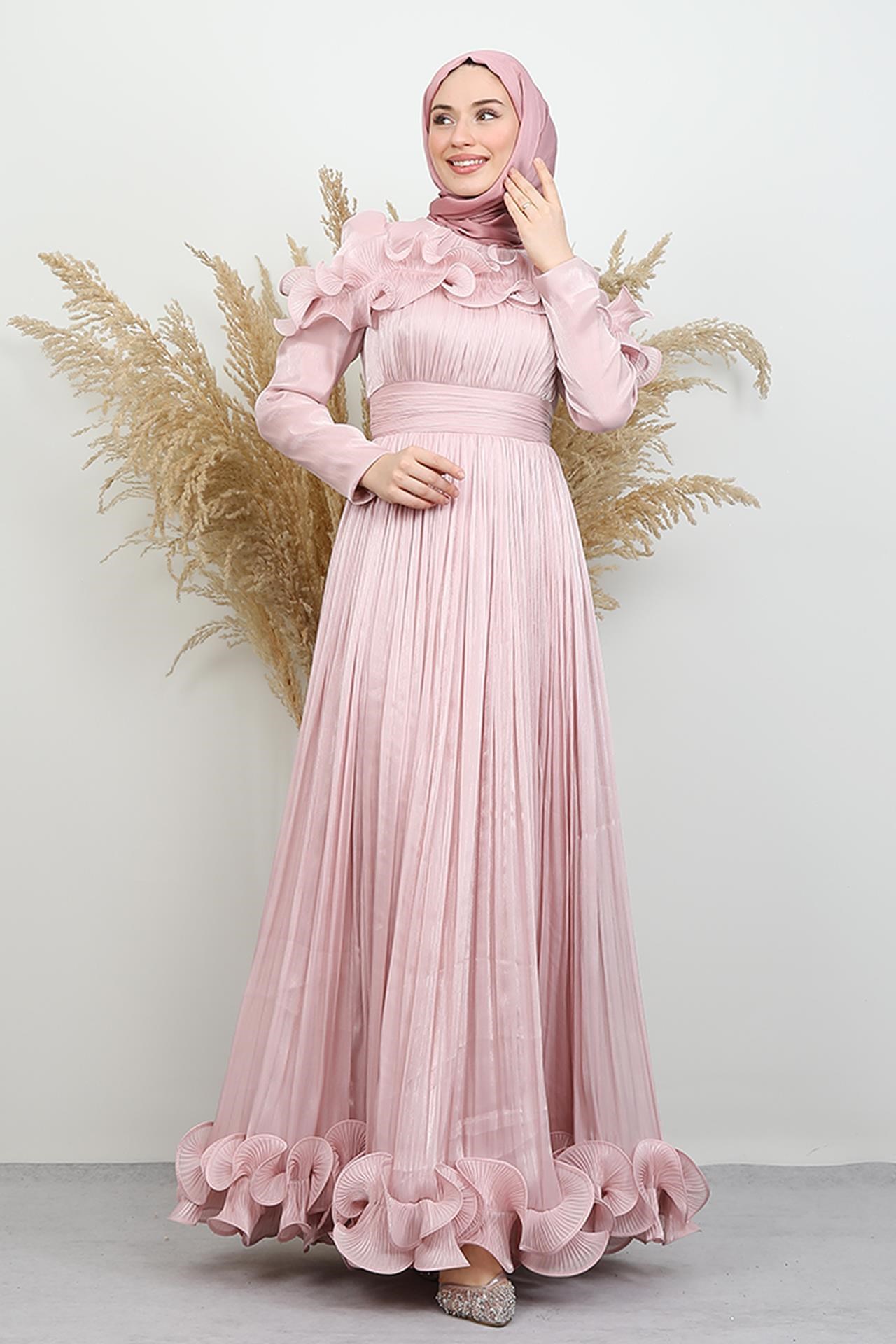 Kabartma Detay Yoryo Abiye Soft Pembe