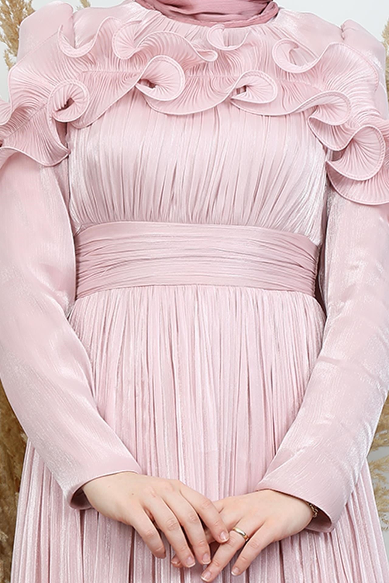 Kabartma Detay Yoryo Abiye Soft Pembe