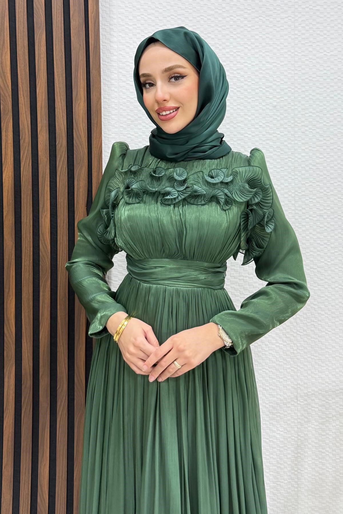 Kabartma Detay Yoryo Abiye Yeşil