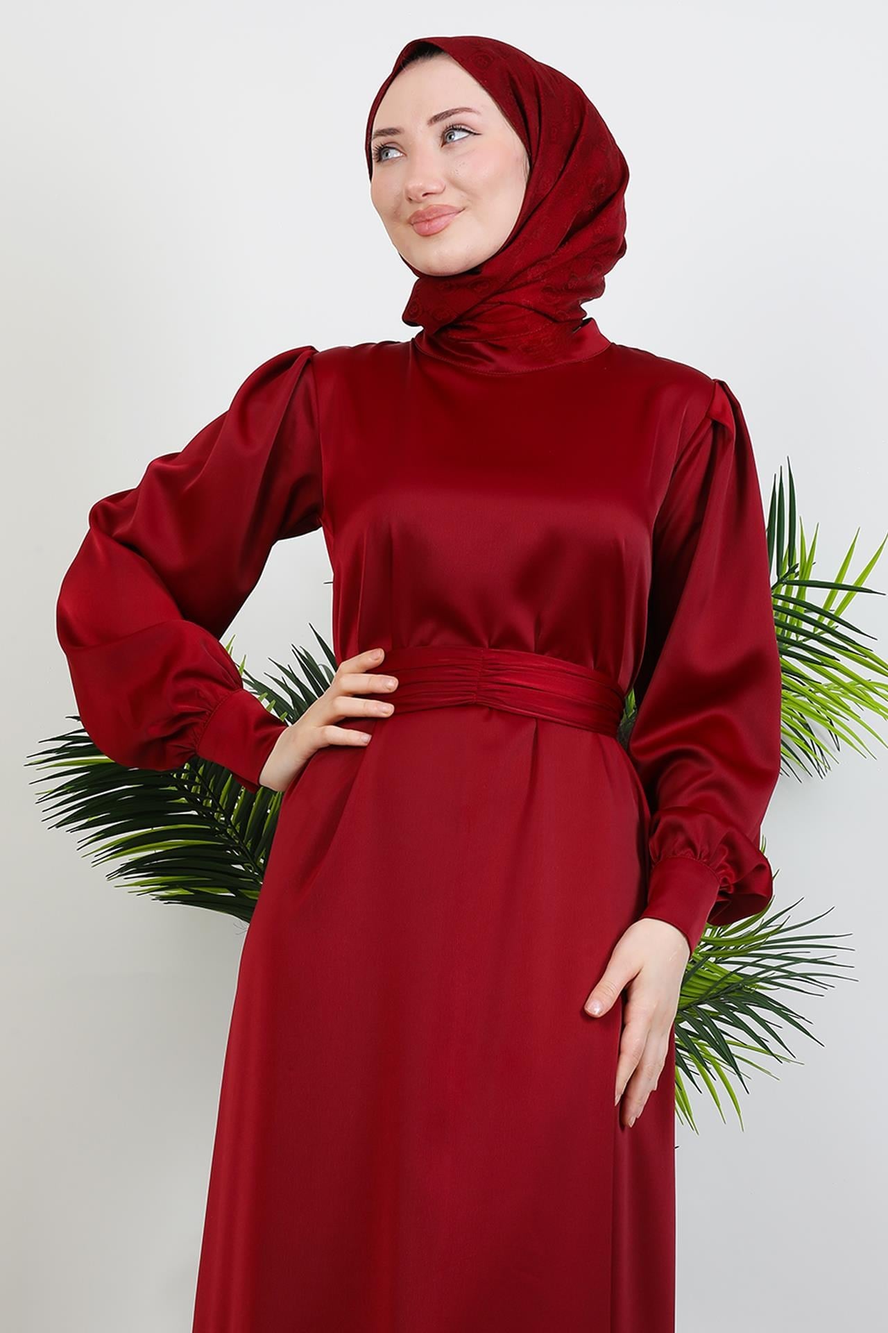 Kemerli Saten Elbise Bordo