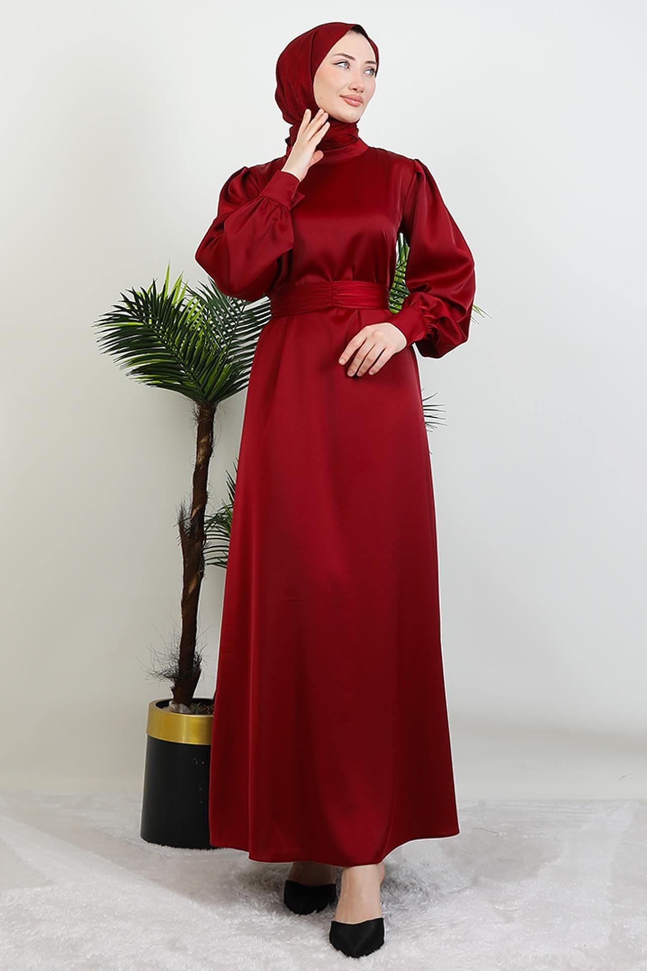 Kemerli Saten Elbise Bordo