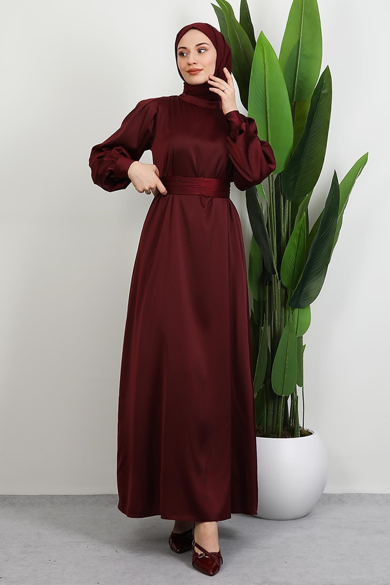 Kemerli Saten Elbise Koyu Bordo