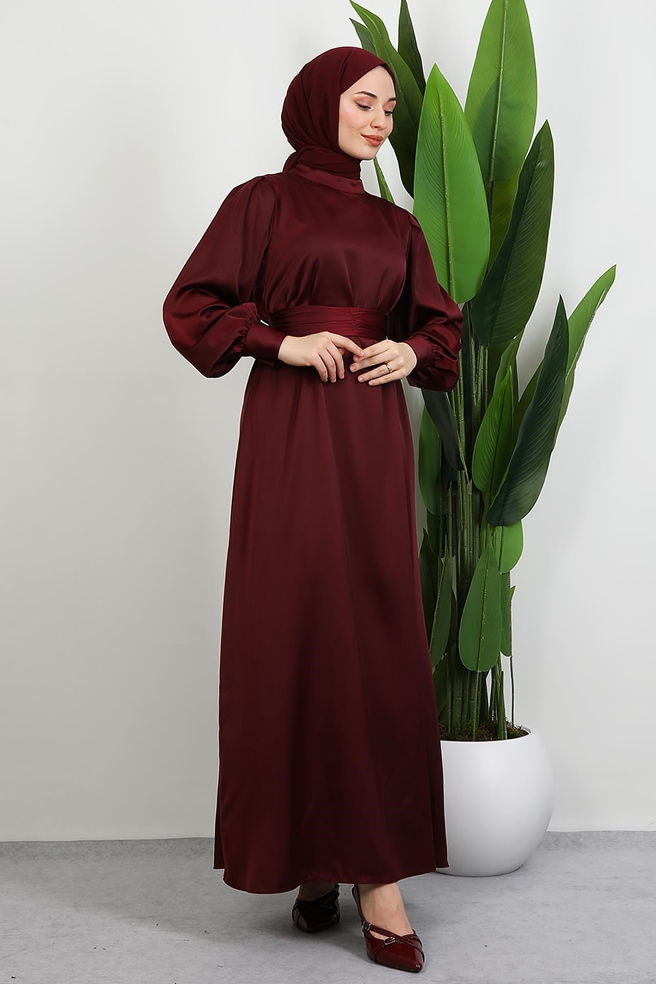 Kemerli Saten Elbise Koyu Bordo
