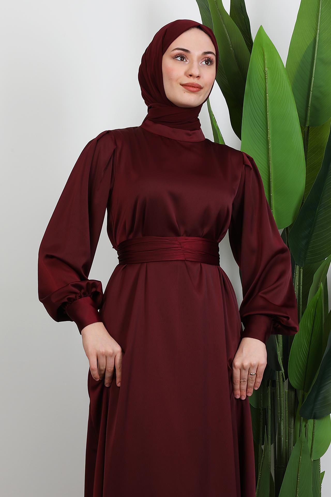Kemerli Saten Elbise Koyu Bordo