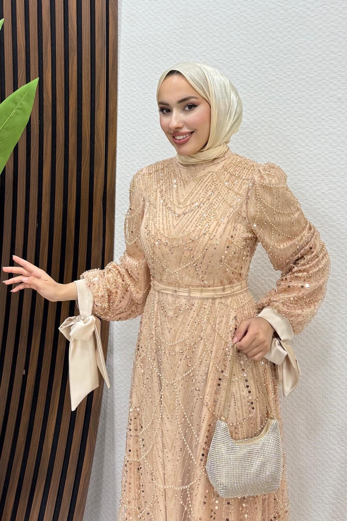 Kol Ucu Saten Abiye Gold