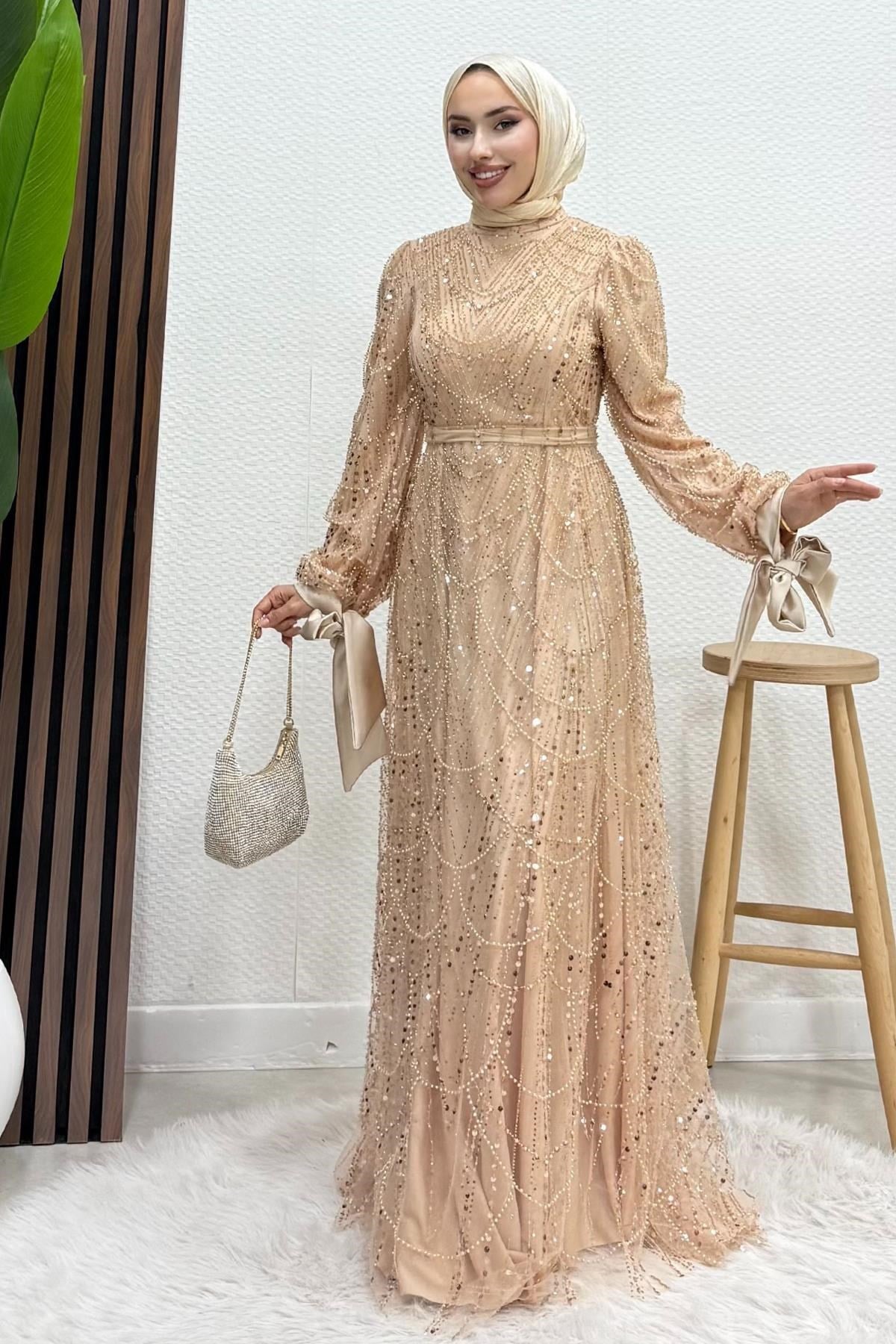Kol Ucu Saten Abiye Gold