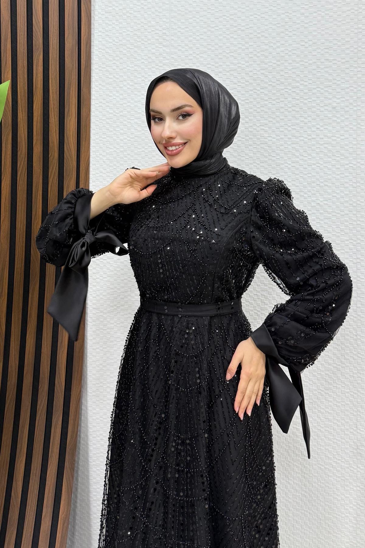 Kol Ucu Saten Abiye Siyah