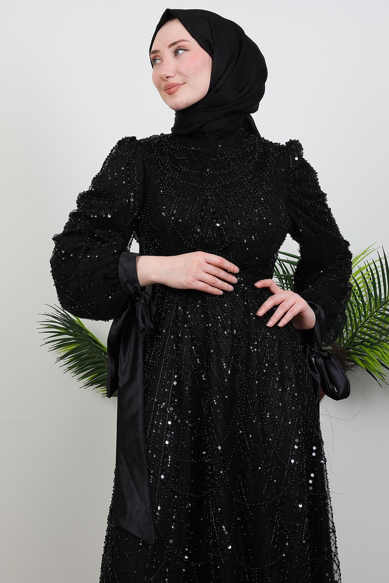 Kol Ucu Saten Abiye Siyah