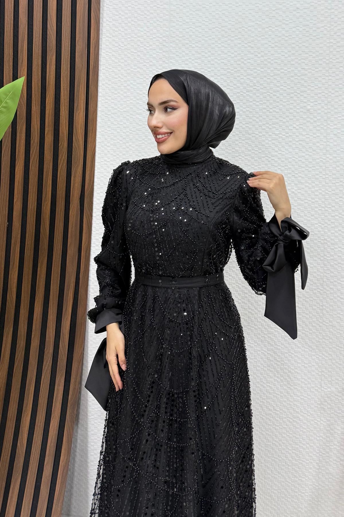Kol Ucu Saten Abiye Siyah