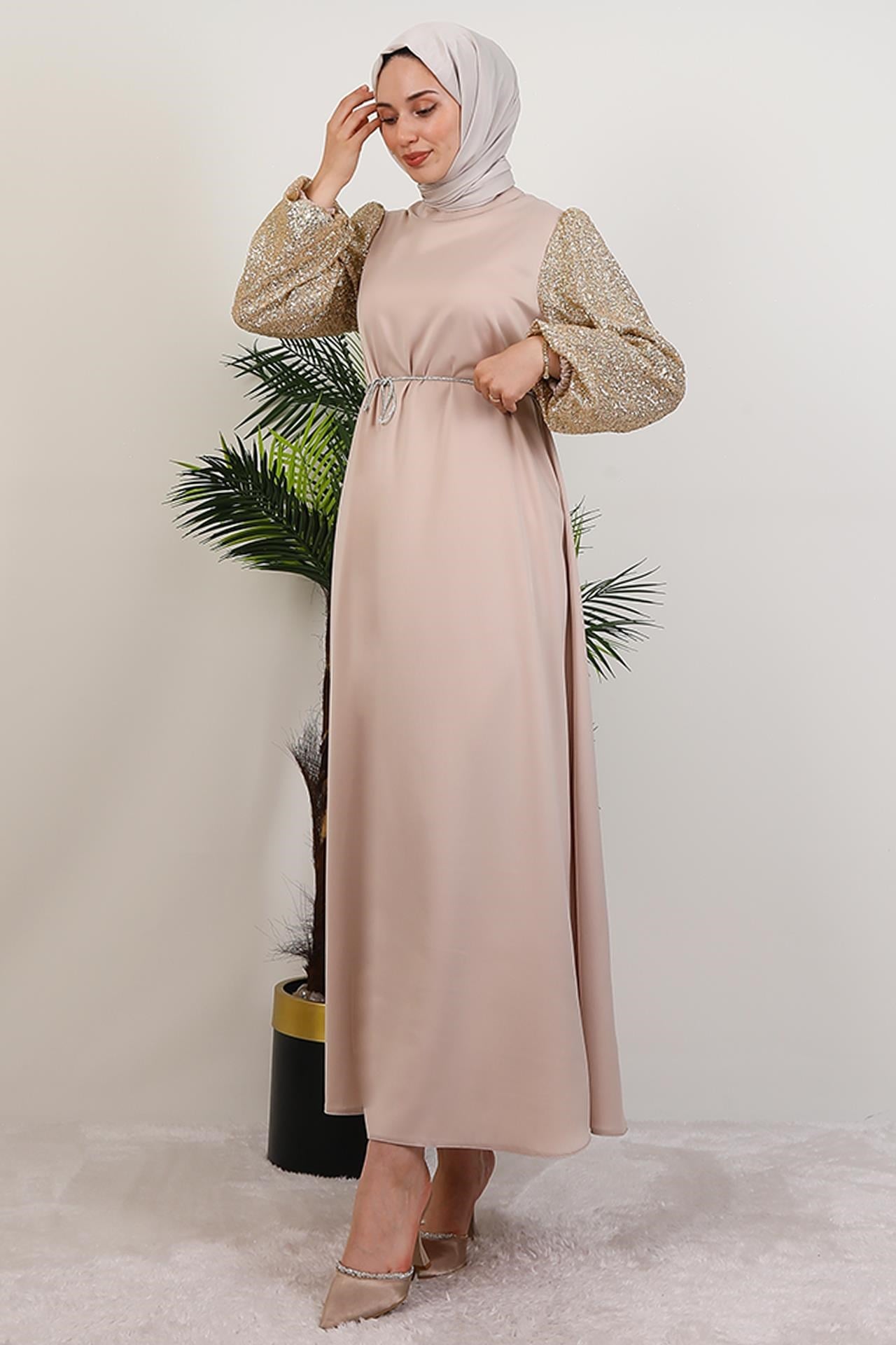 Kolu Desenli Elbise Gold