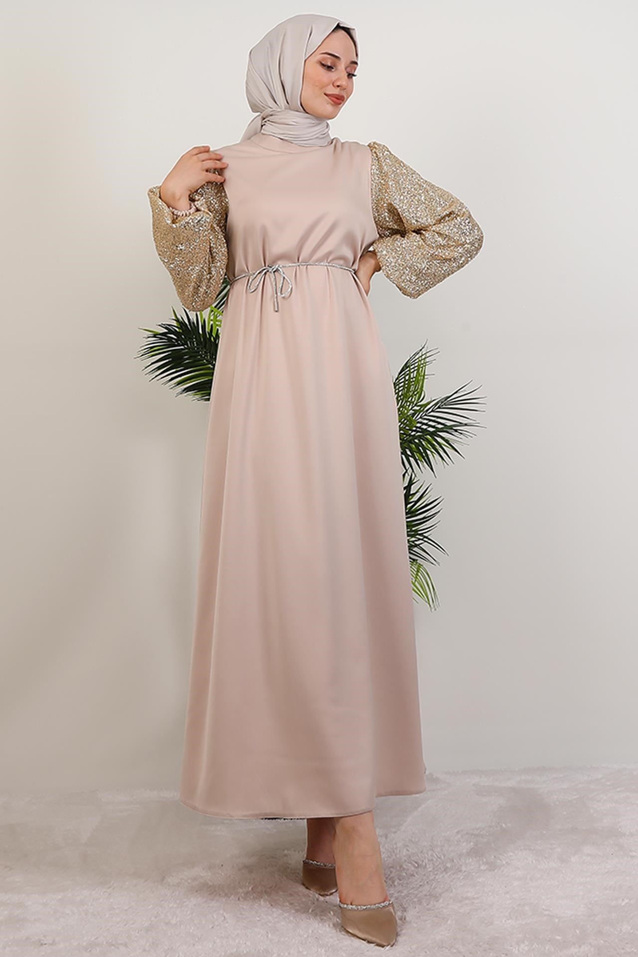 Kolu Desenli Elbise Gold