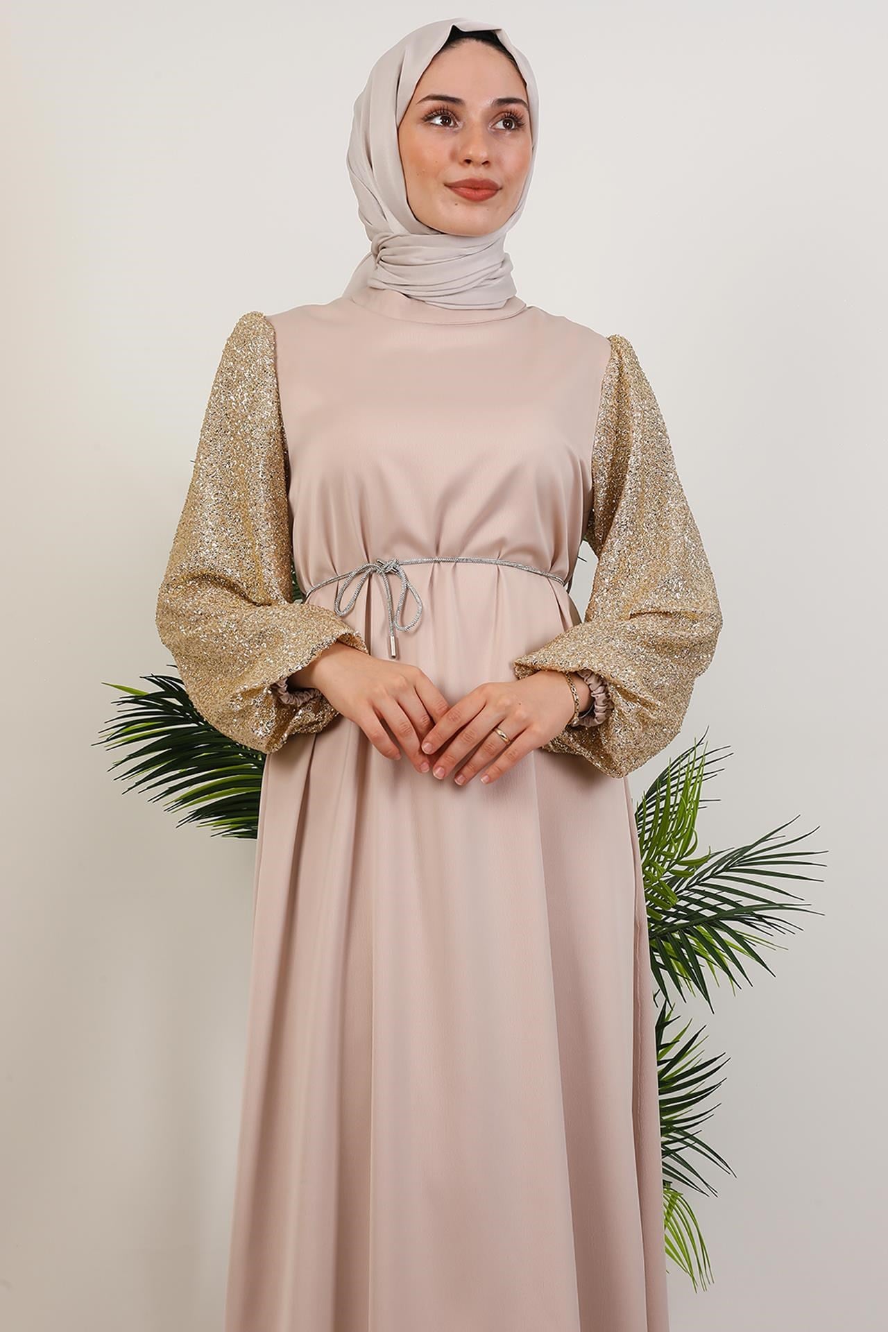 Kolu Desenli Elbise Gold