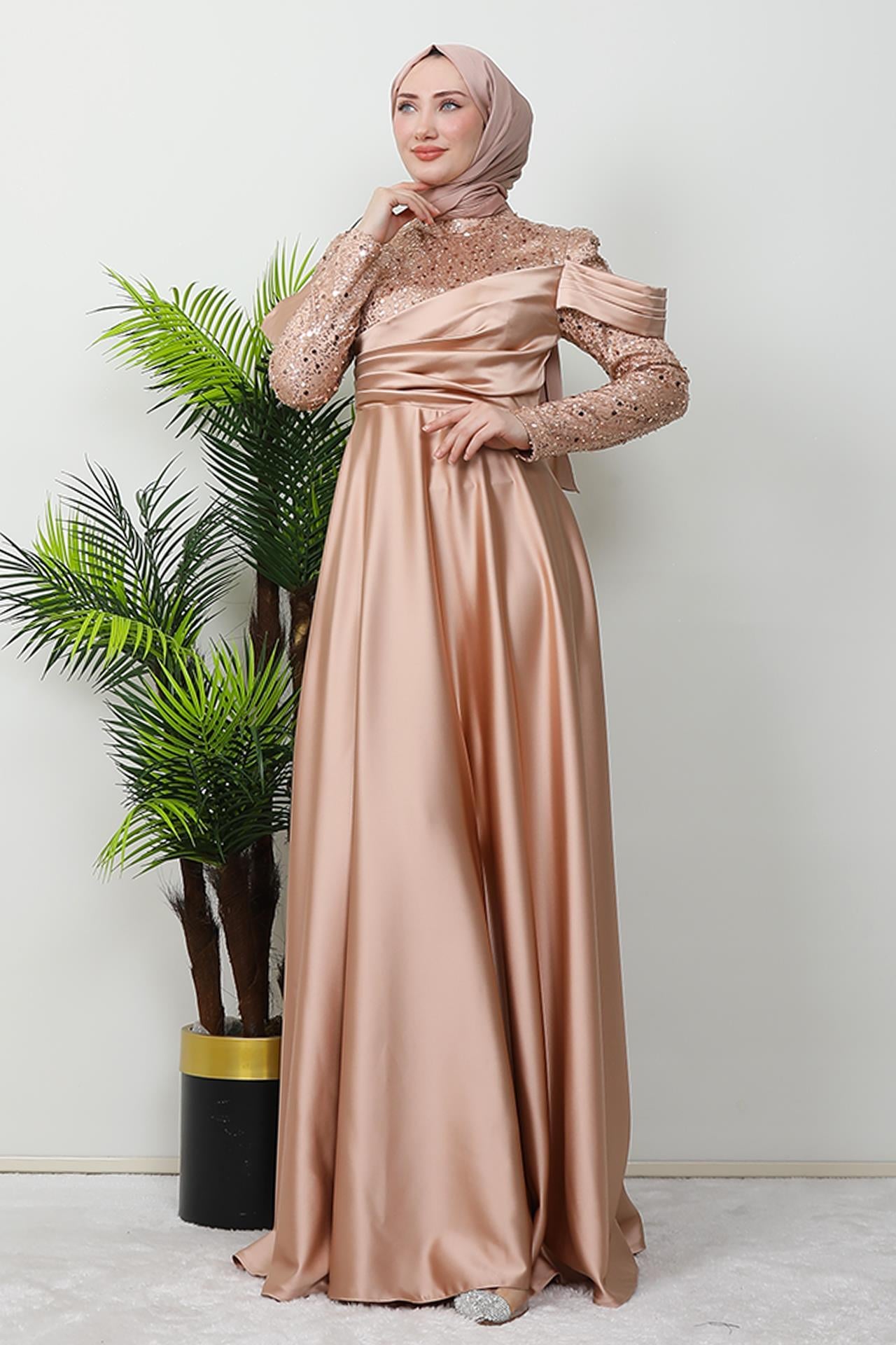 Kolu Drapeli Pullu Abiye Gold