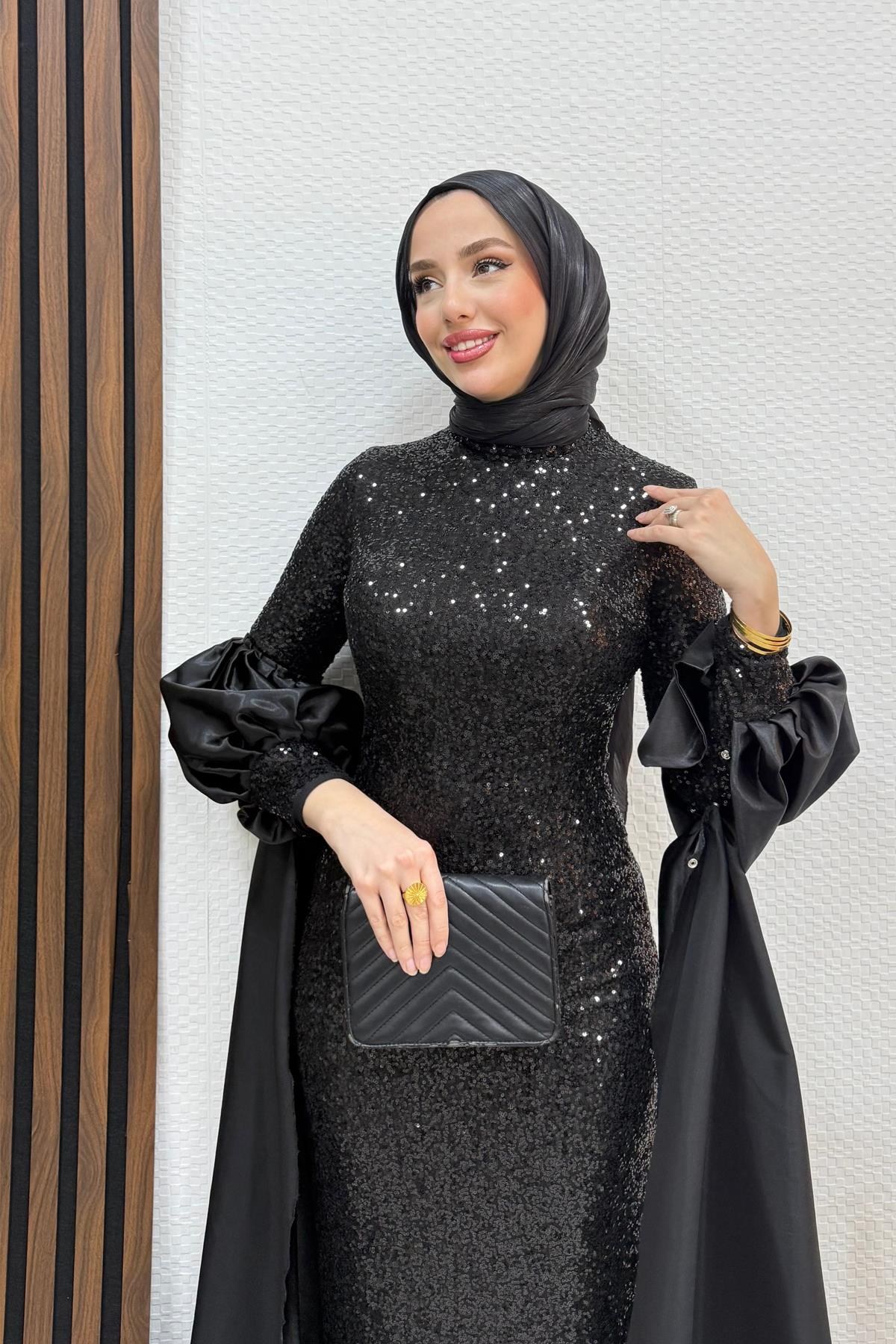 Kolu Pelerin Payet Abiye Siyah