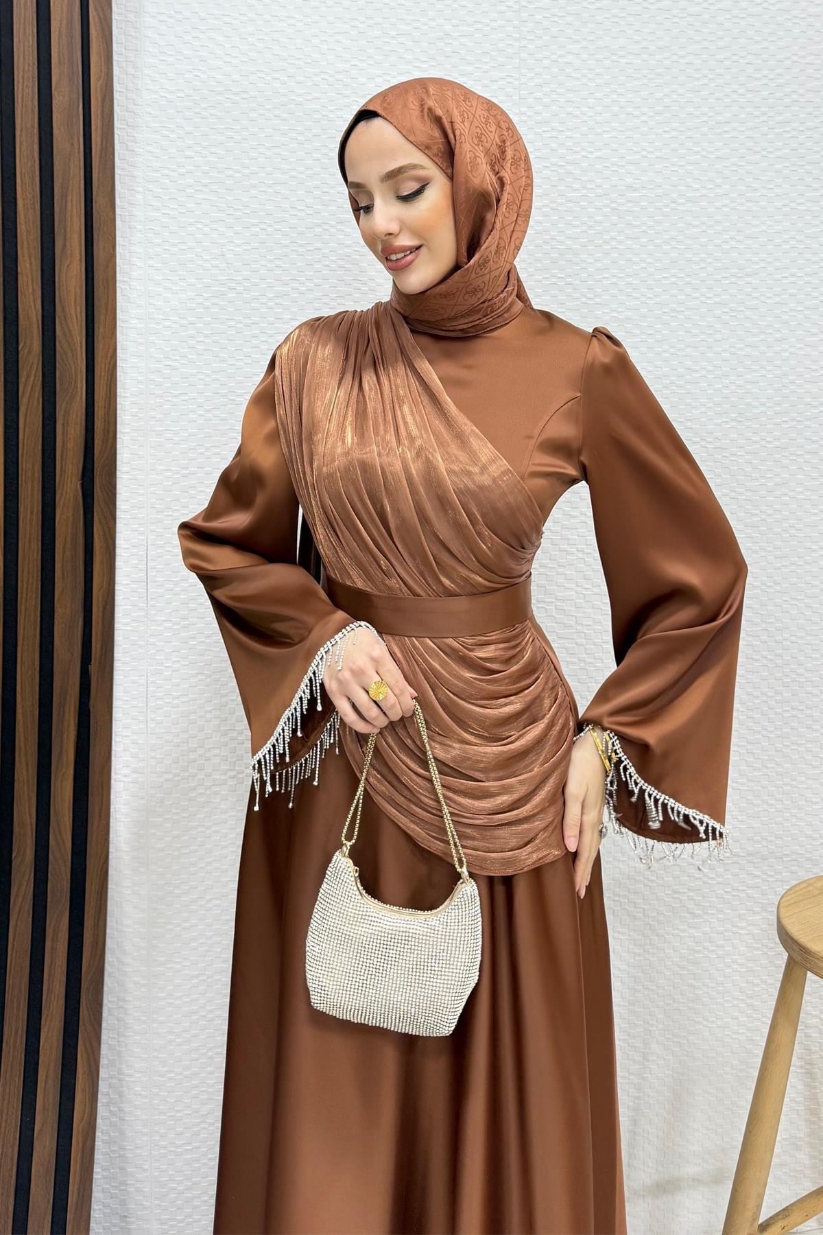 Kolu Taş Püskül Abiye Açık Kahve