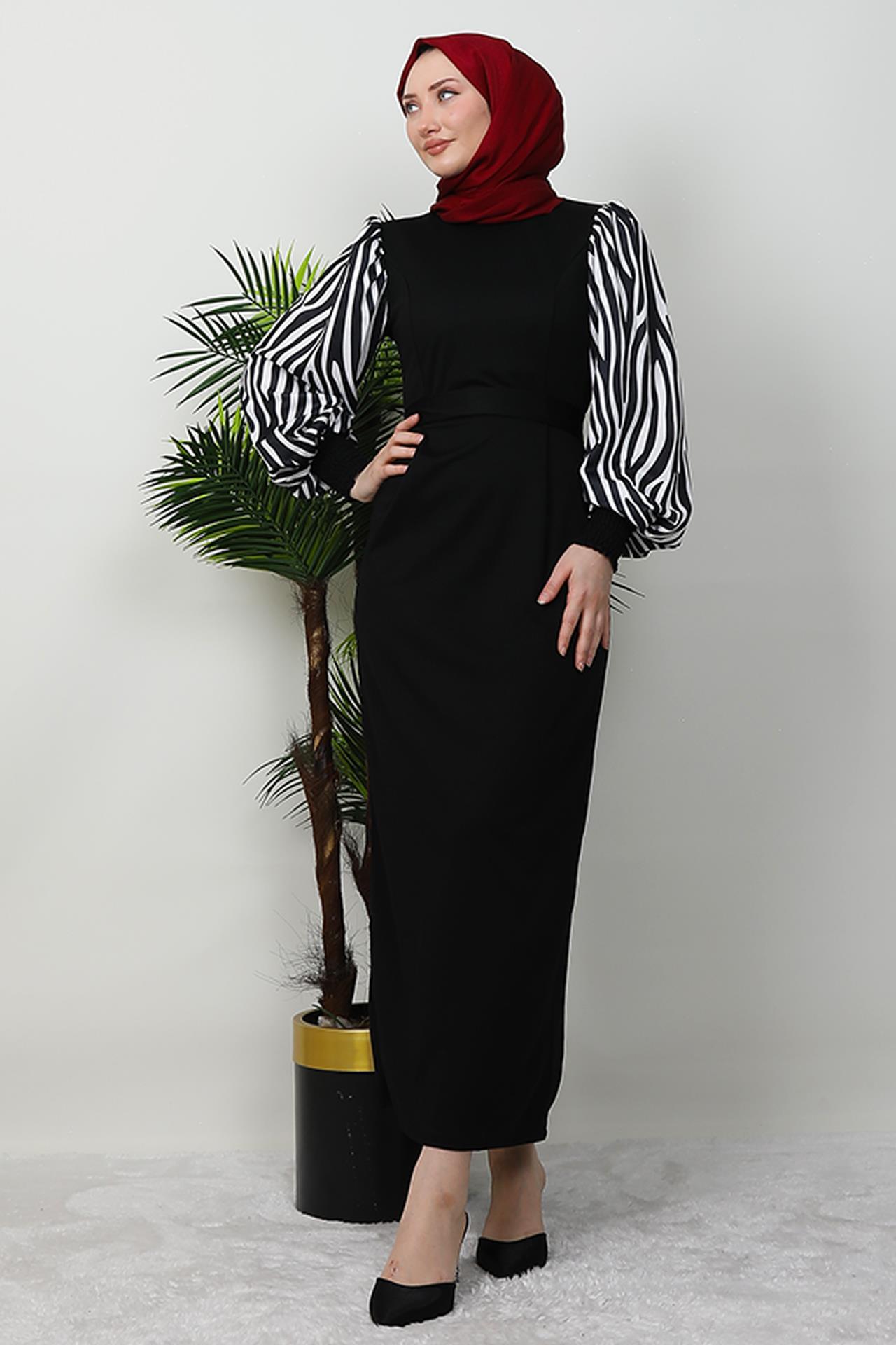 Kolu Zebra Desenli Elbise Siyah