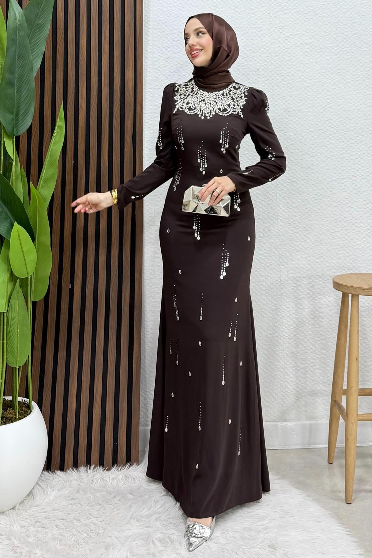 Kolye Yaka Krep Abiye Acı Kahve