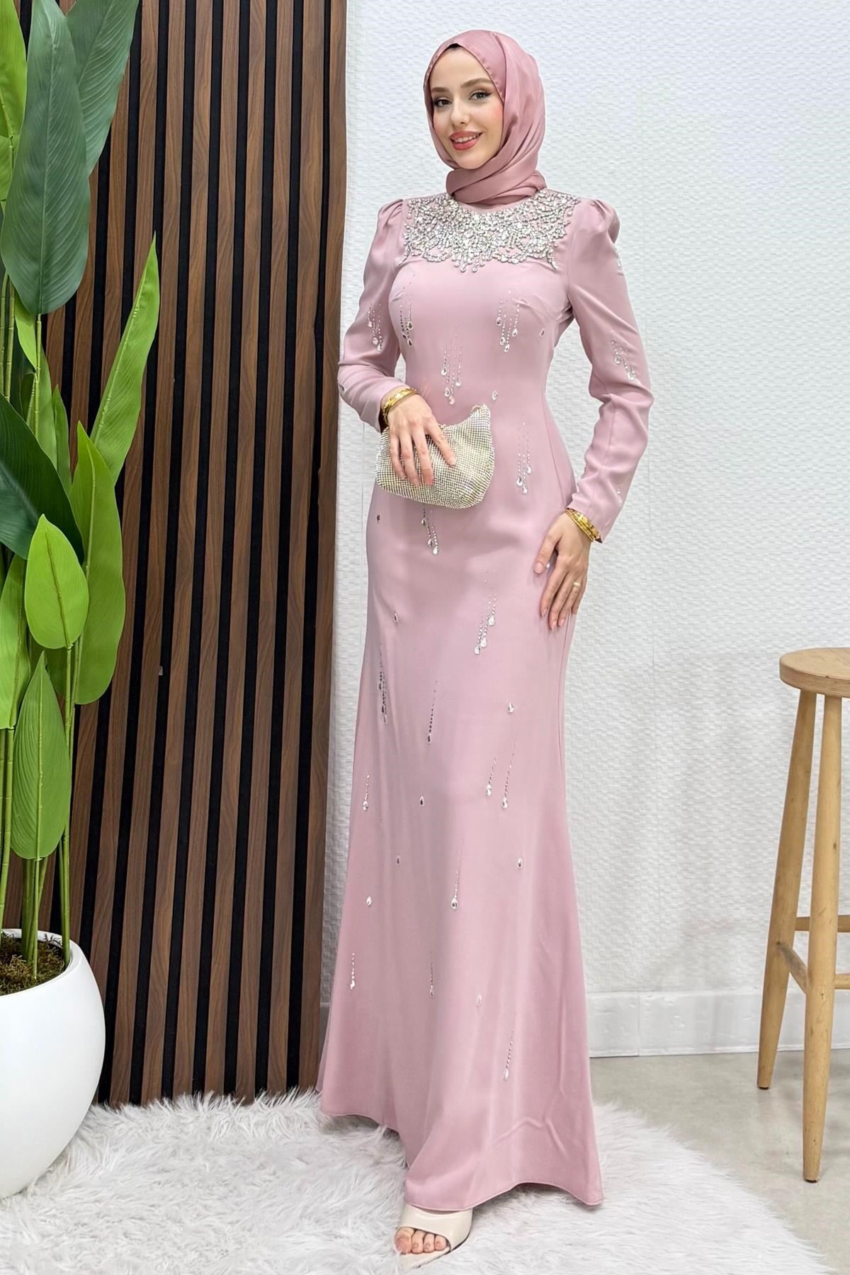 Kolye Yaka Krep Abiye Soft Pembe