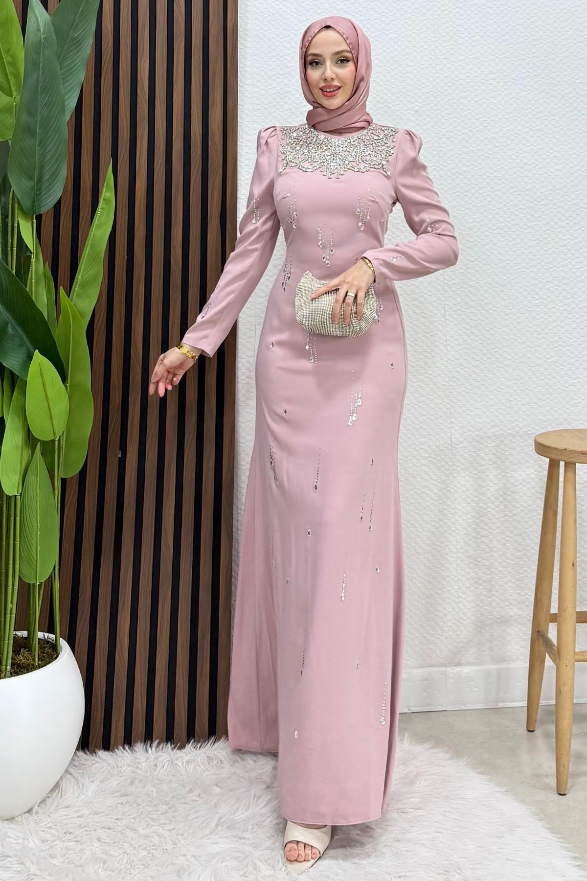 Kolye Yaka Krep Abiye Soft Pembe