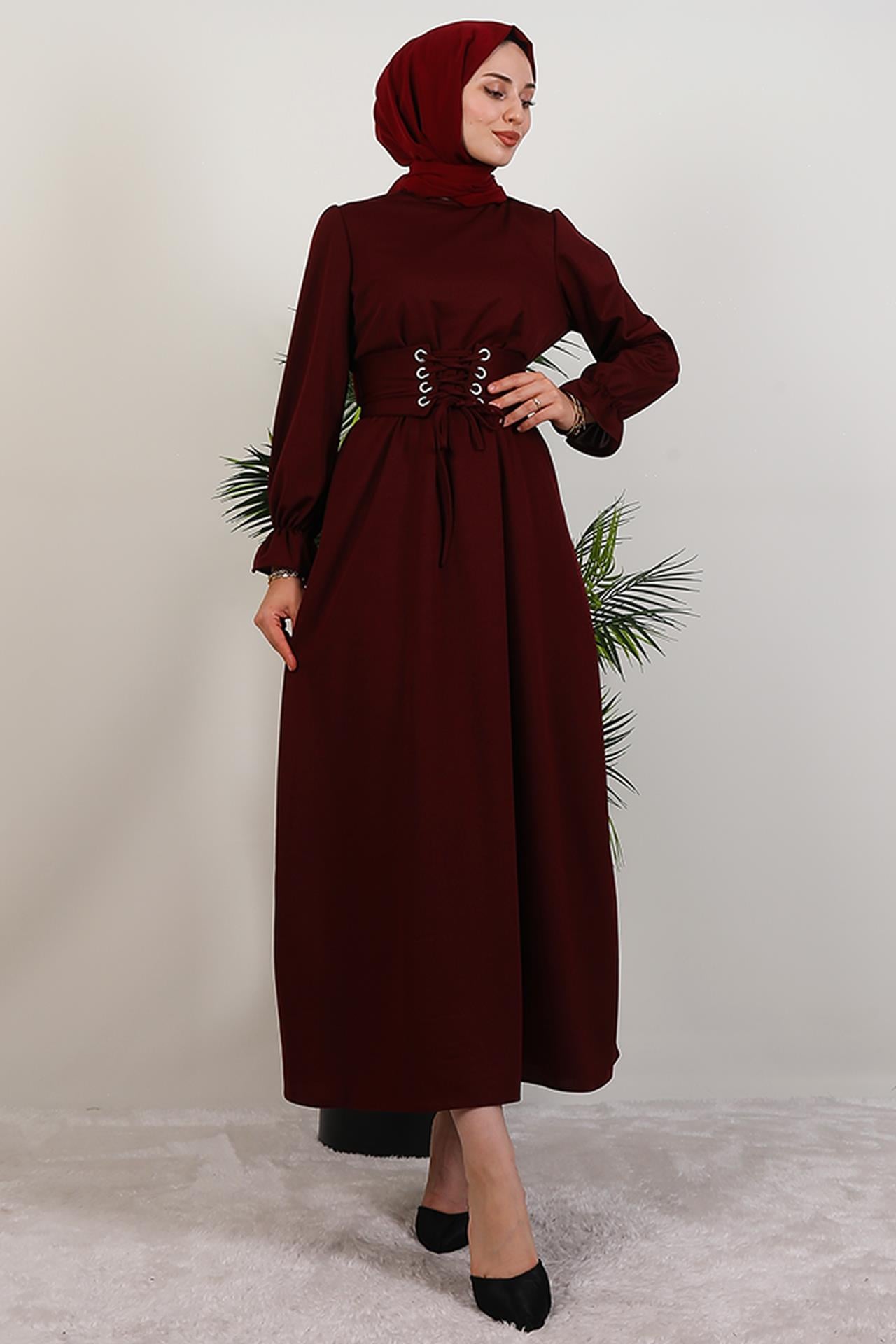 Kuş Gözlü Kuşaklı Elbise Bordo