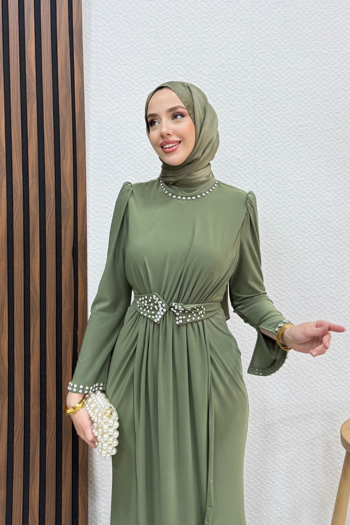 Kuşağı İncili Sandy Elbise Haki