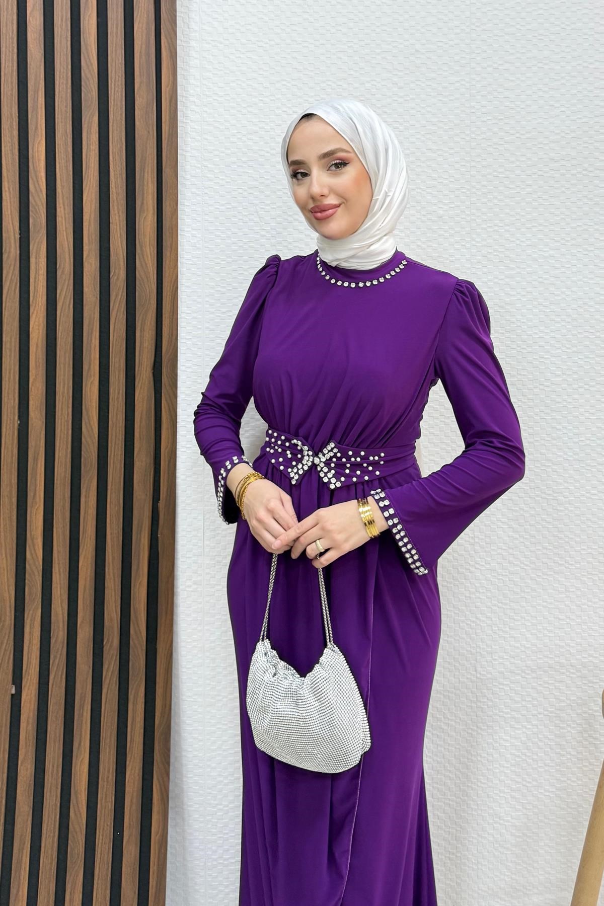 Kuşağı İncili Sandy Elbise Mor