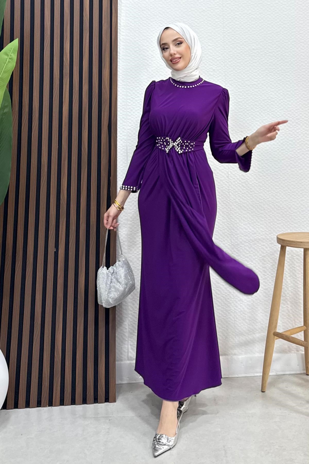 Kuşağı İncili Sandy Elbise Mor